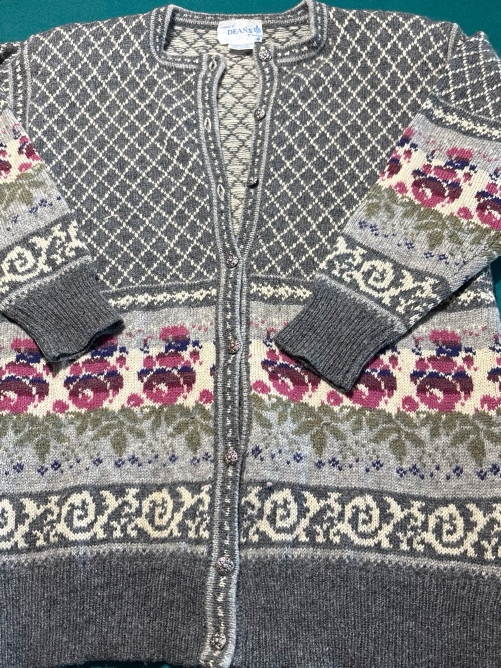 VTG 80’s Dean's of Scotland Floral Knit Button-Front Cardigan M $42